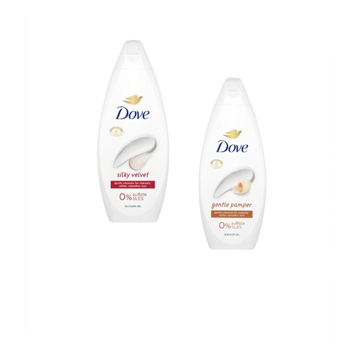 Tusfürdő szett, 1 x Dove Essential Care Gentle Pamper tusfürdő 720 ml, 1 x Dove Essential Care Silky Velvet tusfürdő 720 ml