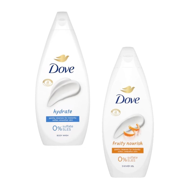 Csomag x 1 Dove Essential Care Fruity Nourish tusfürdő 720ml x 1 Dove Essential Care Hydrate tusfürdő 720ml