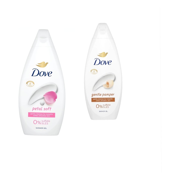 Csomag x 1 Dove Essential Care Gentle Pamper tusfürdő 720ml x 1 Dove Essential Care Petal Soft tusfürdő 720ml 720ml