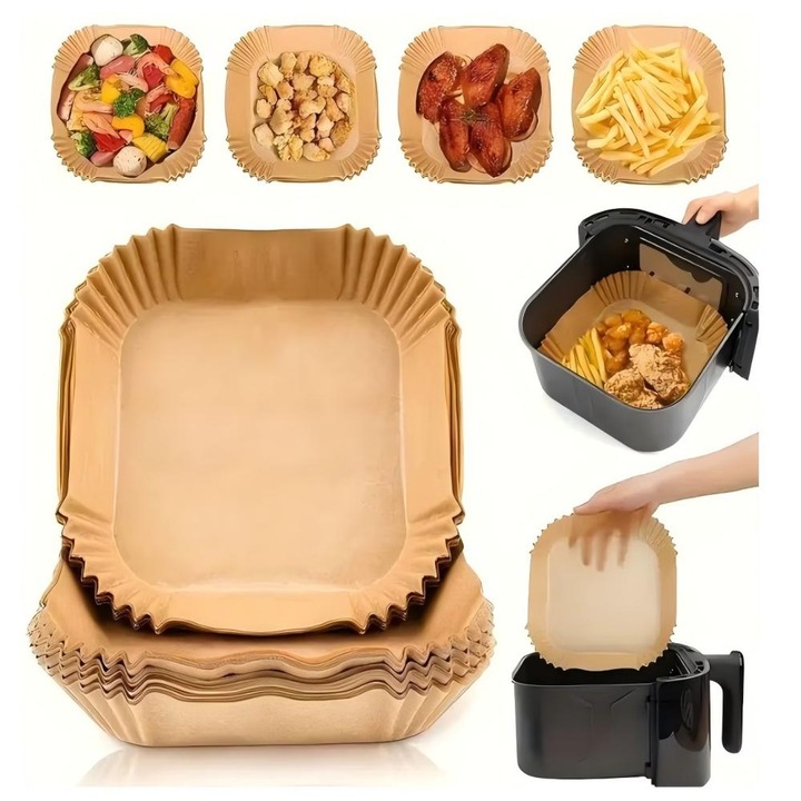 Hartie de copt pentru Air Fryer, AYSTOAYS®, Set 50 bucati, termorezistente, de unica folosita, 20x20x4.5 cm, Patrat, Maro