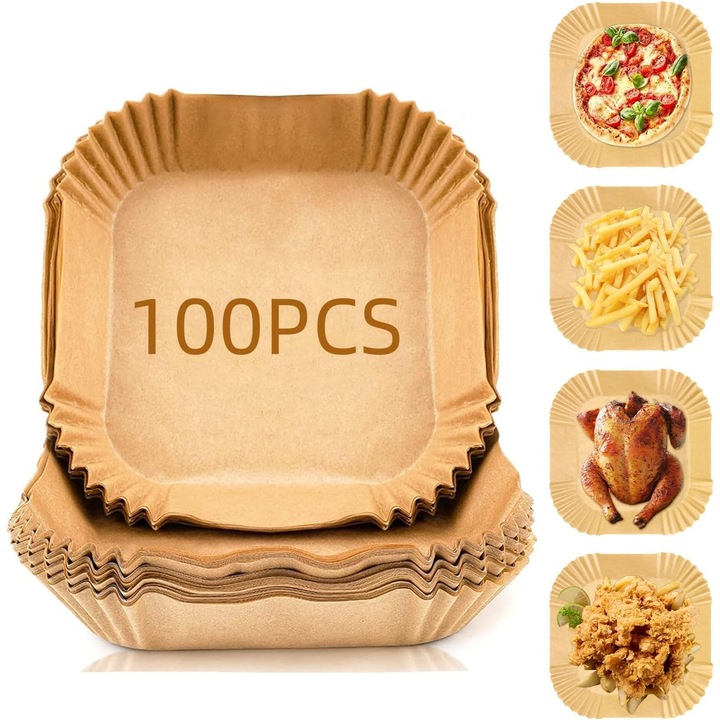 Hartie de copt pentru Air Fryer, AYSTOAYS®, Set 100 bucati, termorezistente, de unica folosita, 20x20x4.5 cm, Patrat, Maro