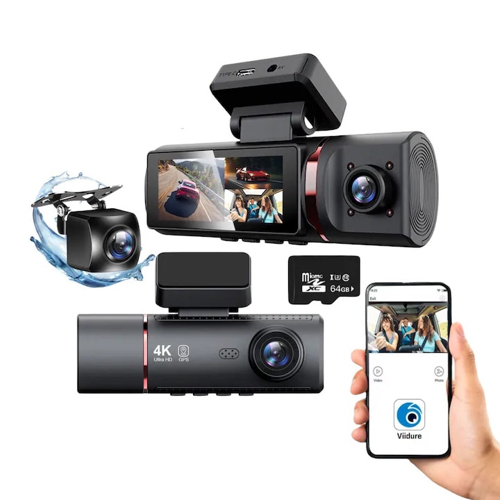 Тройна видеорегистратор 6 в 1, 4K UHD, нощно виждане, GPS, WIFI, WDR, регулируем G-сензор, детектор на движение, приложение за телефон, наблюдение на паркиране, широки ъгли 170°/140°/140° за заден ход, 3.16-инчов IPS екран + 64 GB карта памет