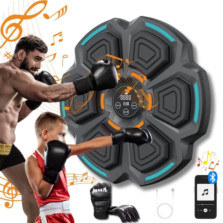 Мишена за боксови удари, 9 режима на тренировка, вграден високоговорител, Bluetooth връзка, дисплей за наблюдение на ударите, LED осветление на зоната за удари, монтаж на стена, за деца и възрастни, ръкавици в комплекта