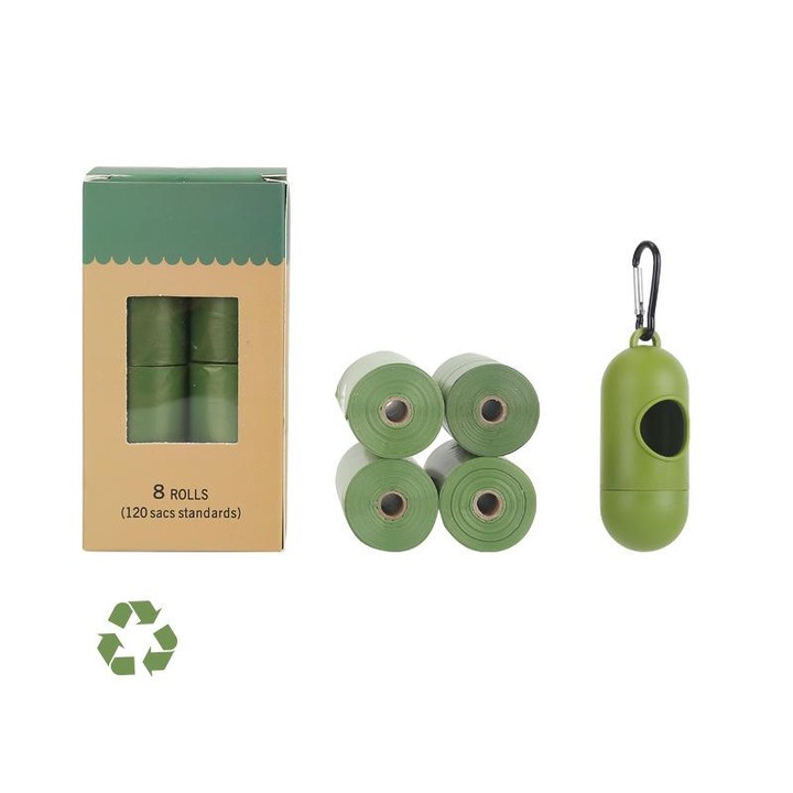 Set de 60 de pungi igienice oxo-degradabile, verzi, 33 x 23 cm, cu dozator