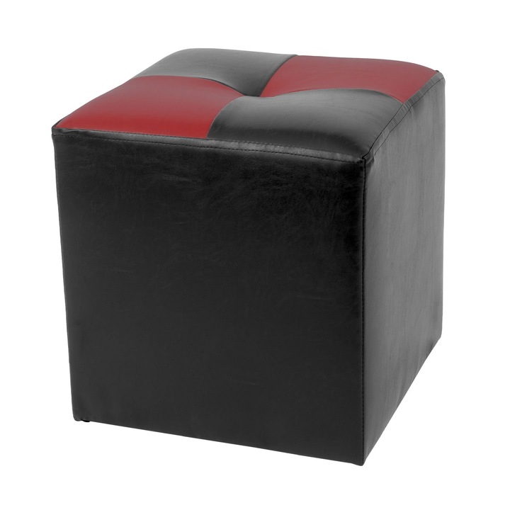 Taburet Cool, fix, patrat, imitatie piele, negru + rosu, 35 x 35 x 36 cm