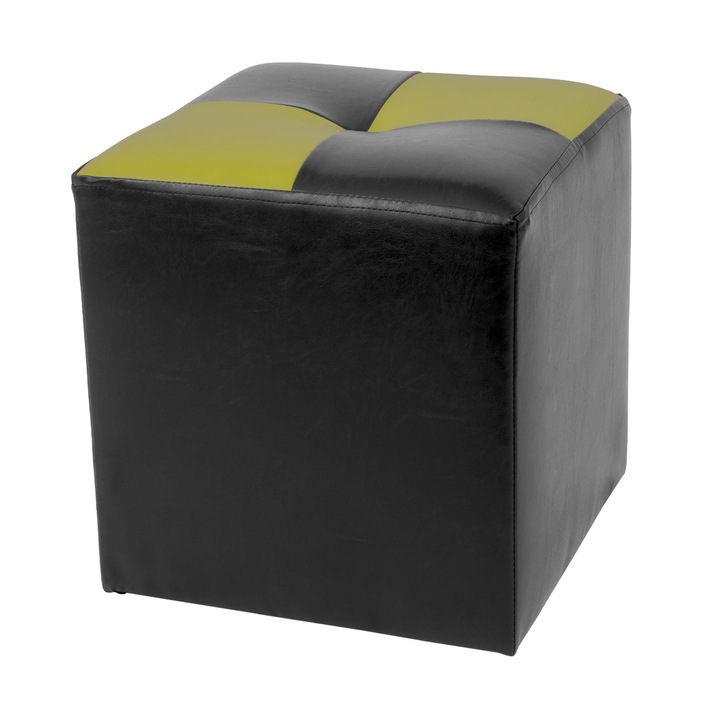 Taburet Cool, fix, patrat, imitatie piele, negru + verde, 35 x 35 x 36 cm