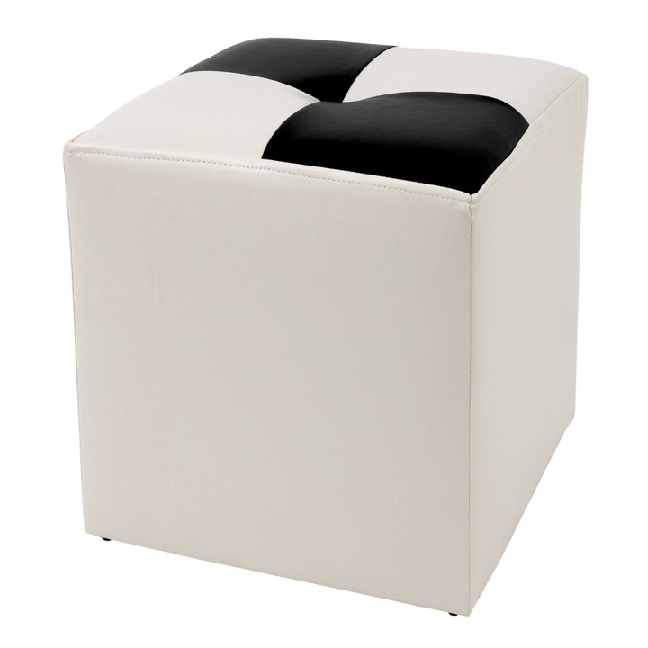 Taburet Cool, fix, patrat, imitatie piele, alb + negru, 35 x 35 x 36 cm