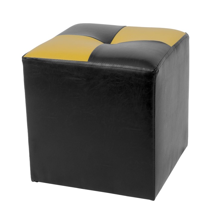 Taburet Cool, fix, patrat, imitatie piele, negru + galben, 35 x 35 x 36 cm