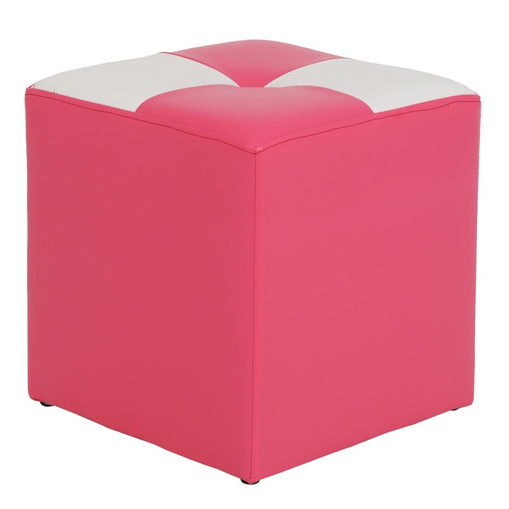 Taburet Cool, fix, patrat, imitatie piele, roz + alb, 35 x 35 x 36 cm