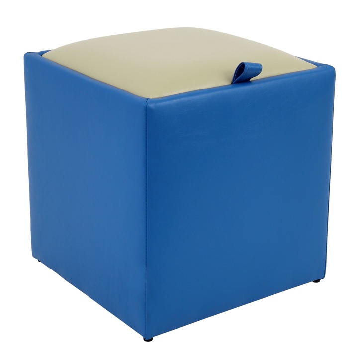 Taburet Box, cu spatiu depozitare, fix, patrat, imitatie piele, albastru + crem, 37 x 37 x 41 cm