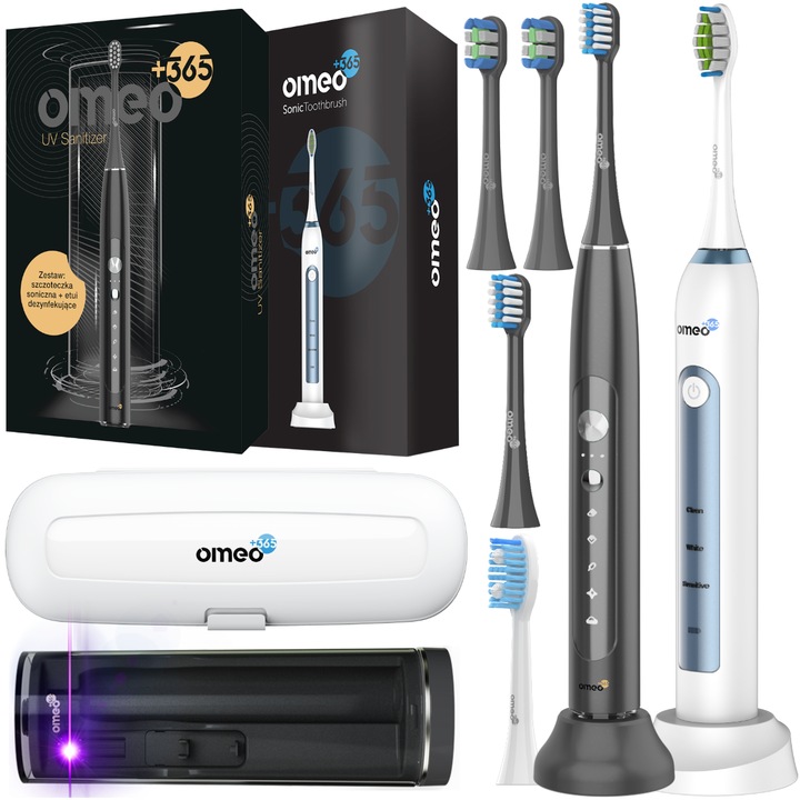 Set, 2x Periute de dinti electrice, OMEO +365 UV Sanitizer, OMEO +365 Classic, Negru, ALB