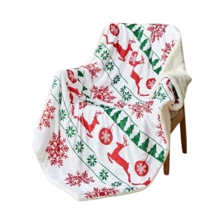 Patura MIULEE, 153 x 203 cm, fleece dublu strat, din microfibra, model Craciun, multicolor