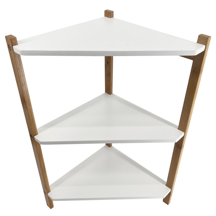 Etajera baie din bambus Kadda Bamboo ML220636, montaj pe colt, finisaj alb + bambus, trei rafturi, 32.5 x 32.5 x 63 cm