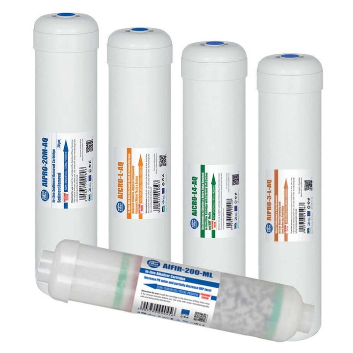 Set complet 5 filtre cu alcalinizare, carcasa alba cu filet de 1/4″, sedimente, dedurizare, carbune activat bloc, granular si alcalinizare