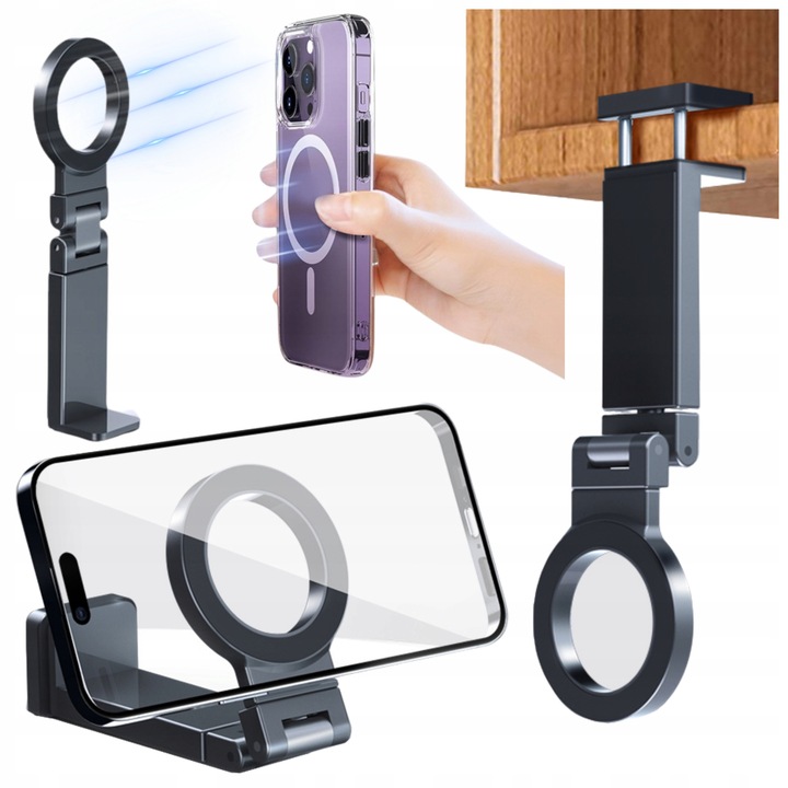 Inel magnetic-Adaptor, Suport, Stativ magnetic, Wobell, montare Solida, Cap Rotativ - Suportul Ofera Un Dublu Interval De Rotatie De 180° Si 360°, Brat De Prindere - Echipat Cu Un Cleste Universal, Utilizare Versatila, Negru