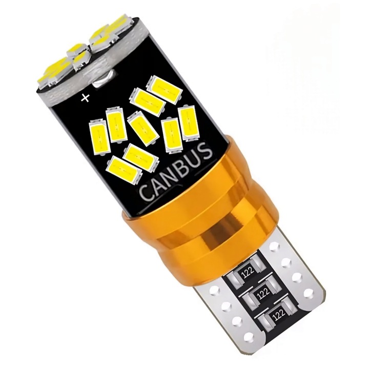 LED autóizzó, T10, W5W, belső világításhoz, 280°, Canbus, 6000K hideg fehér, 27 x LED smd, Plug & Play, 12/24V, 1 db, fekete/arany
