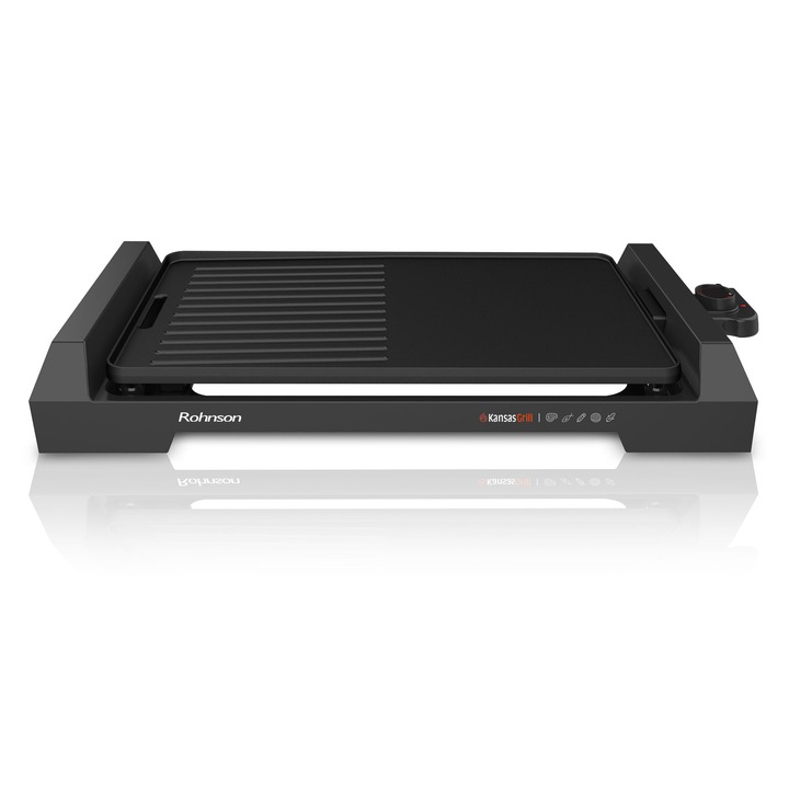 Gratar electric, Rohnson R2533 Kansas, 2000W, 25 x 45 cm, termostat detasabil, placa detasabila antiaderenta, tava de scurgere, protectie la supraincalzire, negru