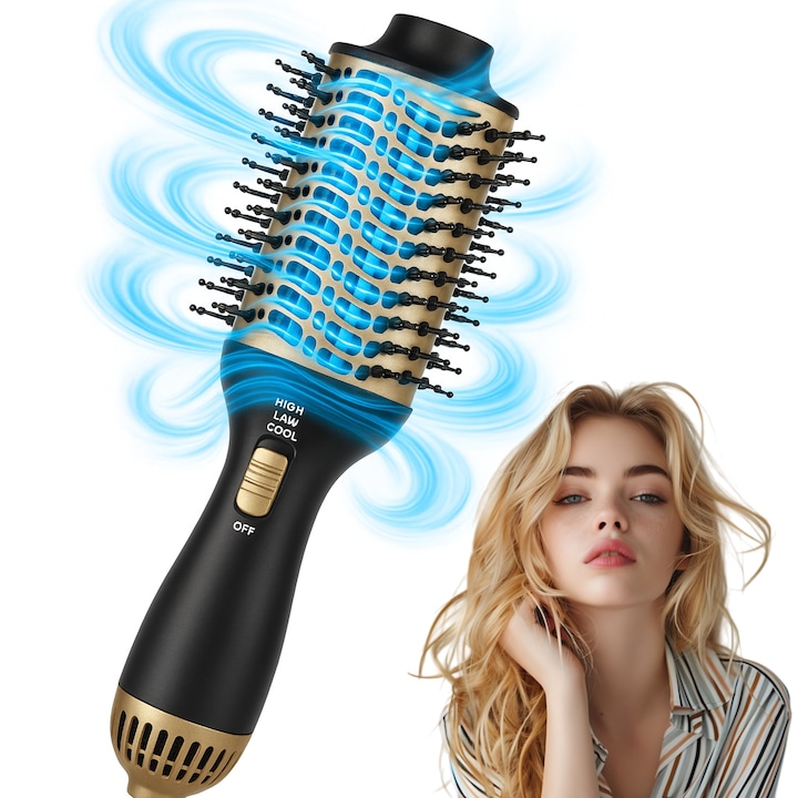Perie de Par Electrica, 4 In 1, SeveShop®, Styler Portabil, Perie Electrica cu 3 Trepte Viteza, 2 Setari Temperatura, Aer Rece, Nylon Anti-Incalcare, Perie Electrica cu Uscare Rapida Si Stilizare, 1000W, Perie Par Pentru Orice Tip De Par, Negru Auriu
