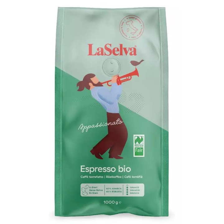 Cafea espresso Appassionato boabe bio & fairtrade, 1000 g Laselva 60% Arabica – 40% Robusta