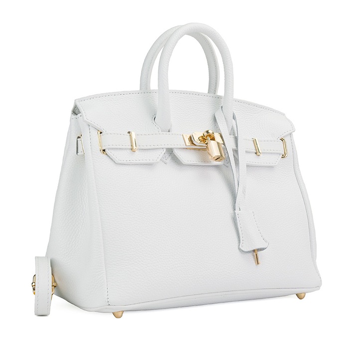 Poseta Piele Edith - Alb-Simplu, Geanta Office din Piele Naturala, Geanta, Genti