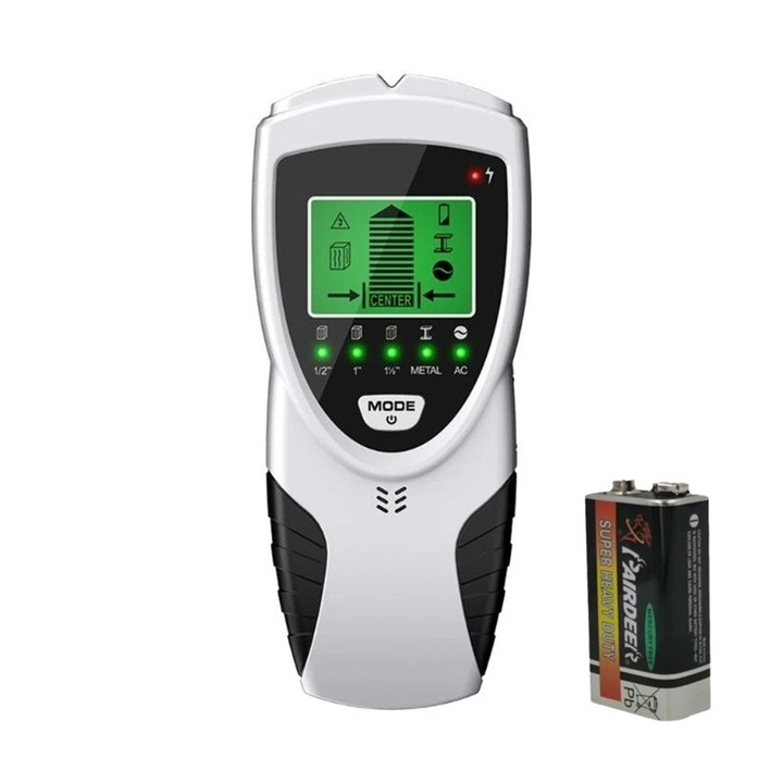 Detector de cabluri 5-in-1, XMSJ, Afisaj LCD, alerta sonora, portabil, Avertizare sonora, pentru centre si margini de lemn, metal si sarma AC, gri