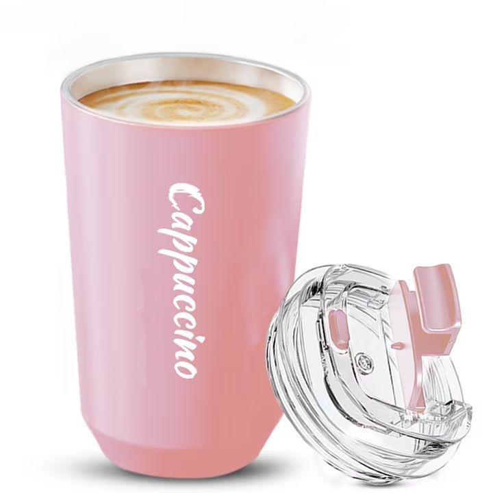 Cana termos din otel inoxidabil XMSJ, 380ml, rezistent la scurgeri, roz