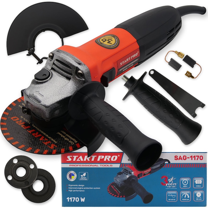 Polizor unghiular StartPro, 720W, 11000rpm, 125mm, culoare galben