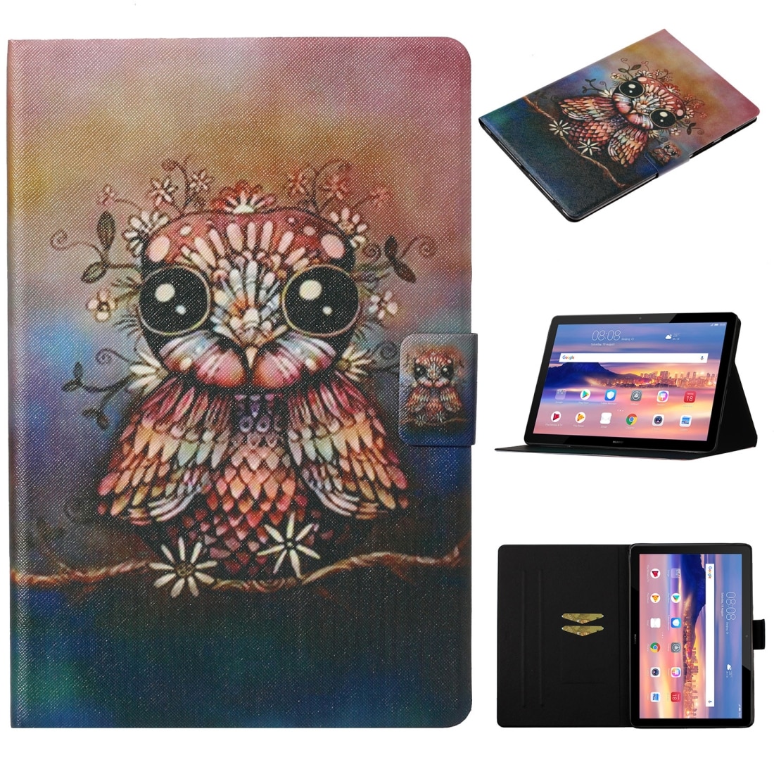 Husa tableta pentru Huawei MediaPad T3 10, desen colorat, tip carte cu suport si slot pentru carduri, functie somn/trezire, model bufnita, piele PU, violet
