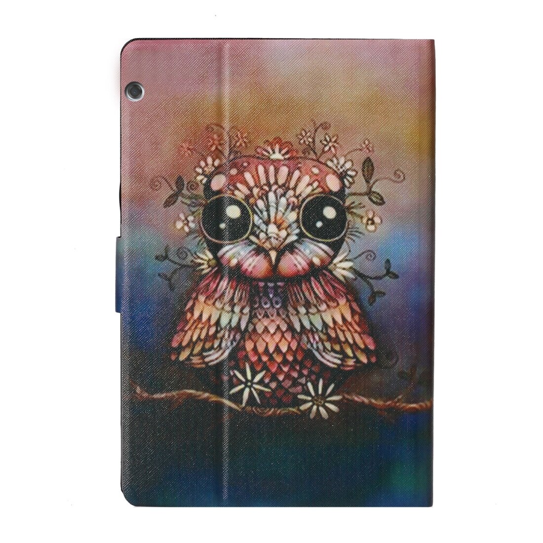 Husa tableta pentru Huawei MediaPad T3 10, desen colorat, tip carte cu suport si slot pentru carduri, functie somn/trezire, model bufnita, piele PU, violet