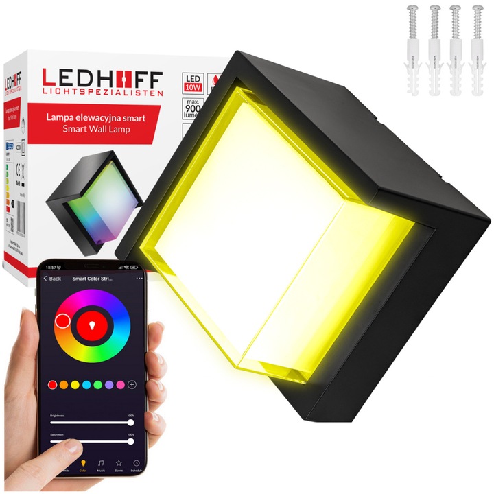 Lampa Exterioara De Fatada, Ledhoff, Aplice De Perete, Smart, Rgb, Patrata, IP65, Control Prin Aplicatia Tuya, 10 W, 900 lm, 16 cm, Negru