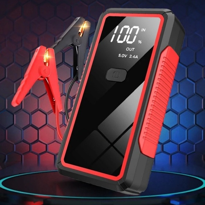 OEM Multifunkciós autóindító, 12V, 2000A, külső akkumulátor, 26800mAh, zseblámpa, fekete/piros