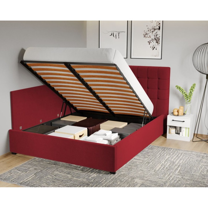 Pat Tapitat de colt, Rivo cu Somiera Rabatabila si lada, 140x200, Visiniu/Velluto 7