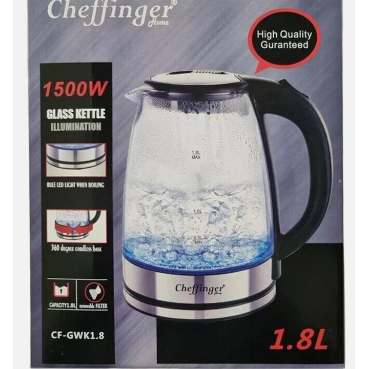 Fierbator cu Filtru Cheffinger Home, Sticla si Otel Inoxidabil, 1, 8 Litri, 1500W, Indicator Luminos, 21 x 17 x 23 cm, Argintiu/Negru