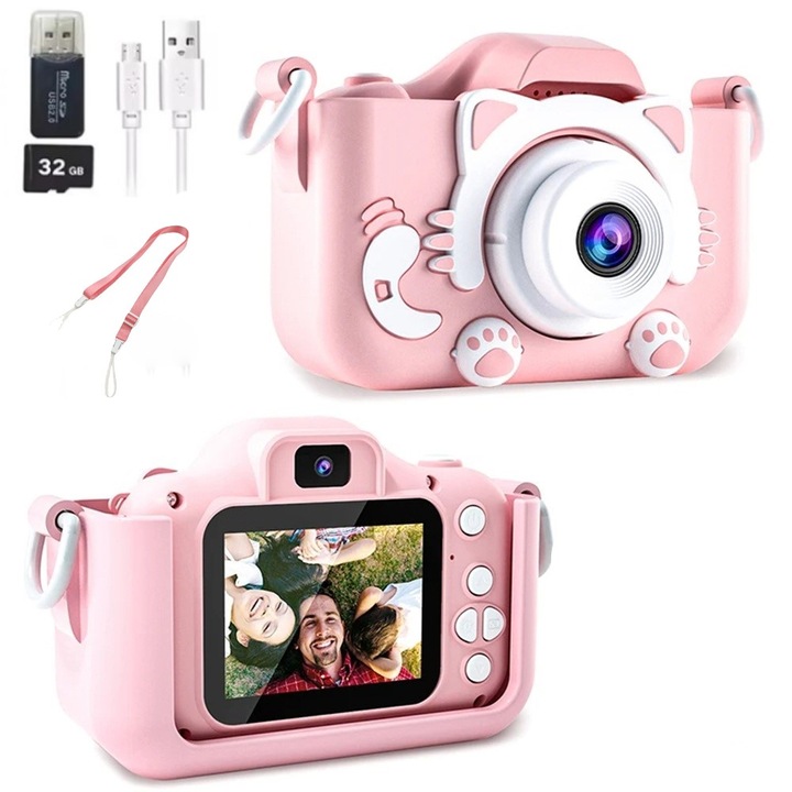 Детска камера, XMSJ, 32GB, SD карта, 1080P HD, 23 милиона пиксела, 2.0 инча, розова