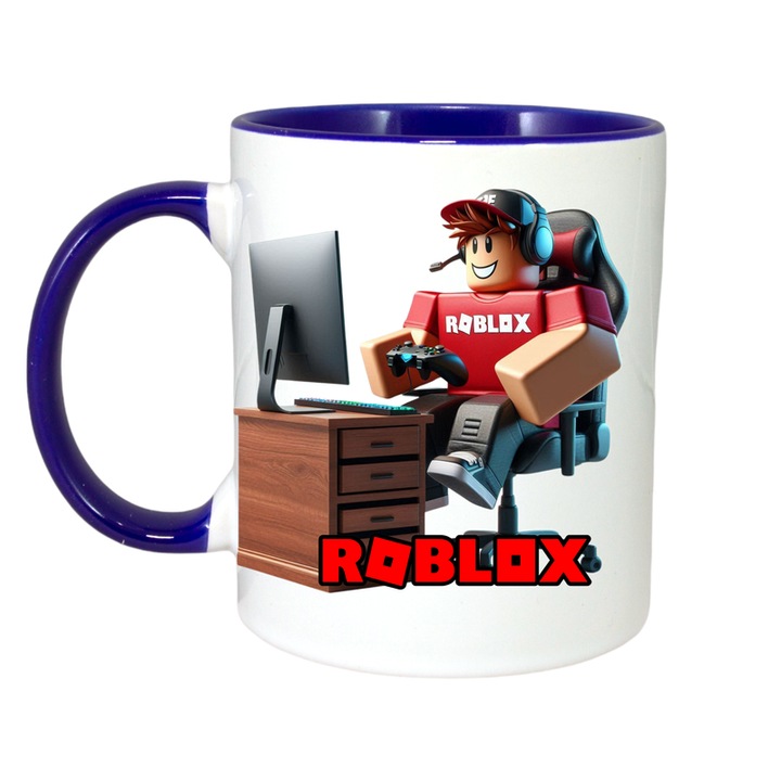 Cana personalizata cu Roblox Constructor Birou, Cri-Flo, Ceramica, 330ml. Maner si interior Albastru