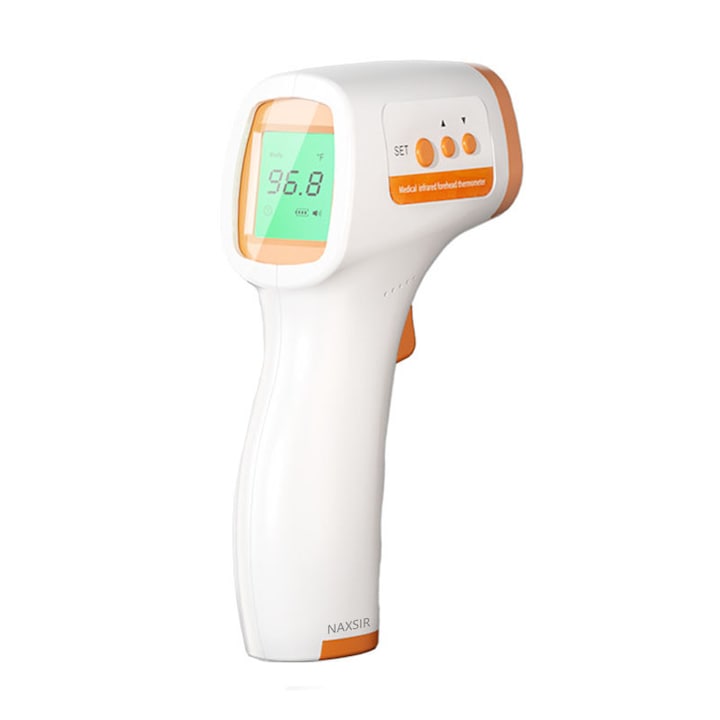 Termometru Digital Non Contact Cu Infrarosu, NAXSIR, Masurare rapida, Alarma febra, Display LCD, 3 culori de iluminare, Comutabil °C/°F, Functie 32 memorii, Pentru ureche, frunte si obiecte, Alb/Portocaliu