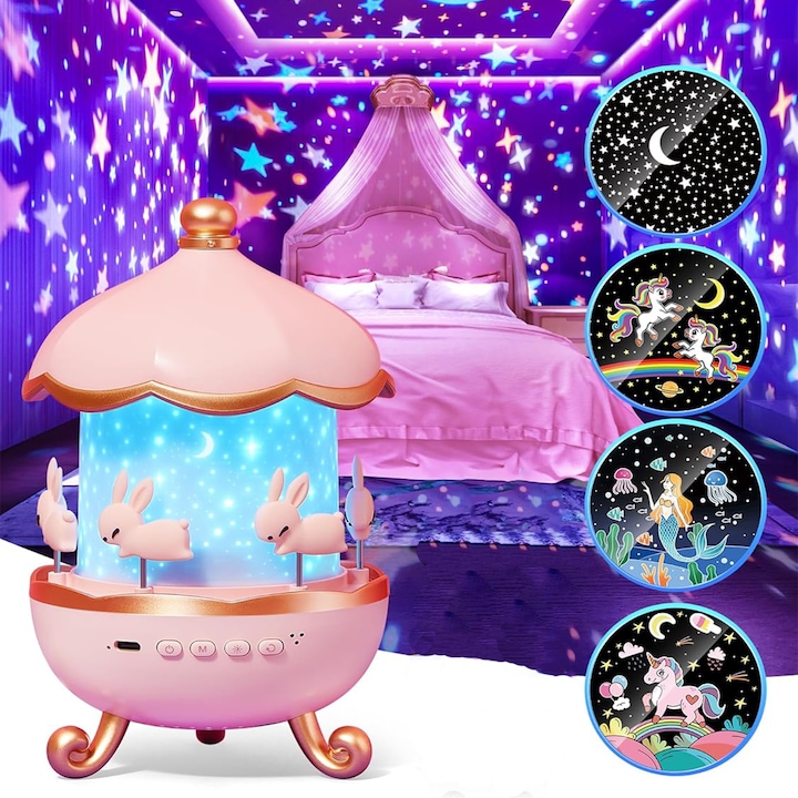 Детска нощна лампа, с проектор Bunnie Star с 6 проекционни теми, Bluetooth аудио, 3 цветни температури, нощна лампа за декорация на стая за момичета