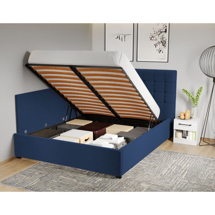 Pat Tapitat de colt, Rivo cu Somiera Rabatabila si lada, 140x200, Albastru inchis/Velluto 25