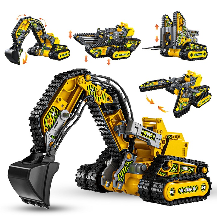4 в 1 електрически строителен комплект с дистанционно – STEM играчка: багер, мотокар, резервоар, клещи, сглобяем модел с отвертка, 176 части, електрически функции, подарък за деца 7-14 г., жълт