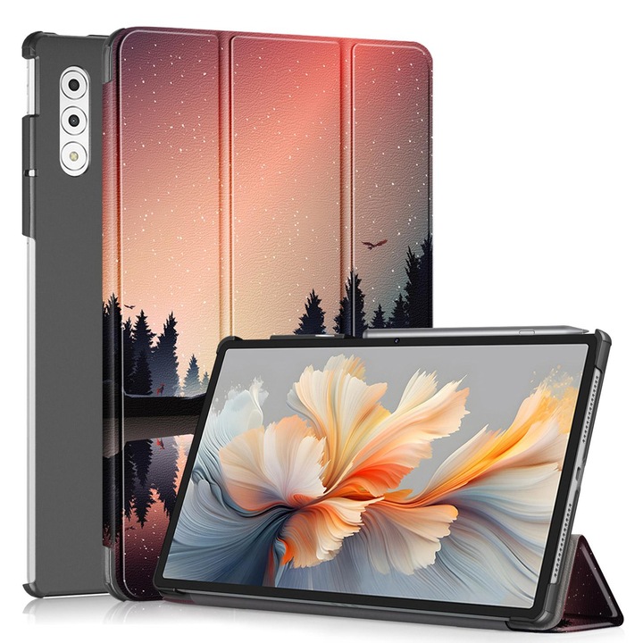 Lenovo Yoga Tab Plus tablet tok, PU bőr, könyv alakú tartóval, színes dizájn, 3-szoros záródás, sötétkék