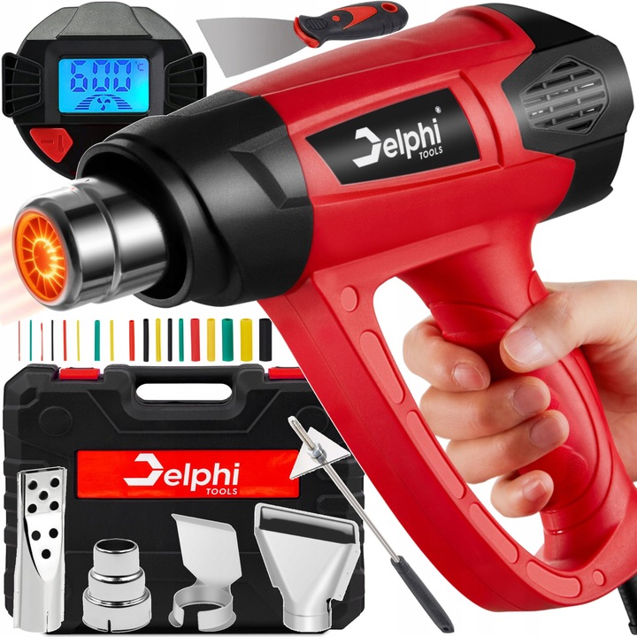 Pistol cu aer cald Delphi TOOLS, 1800W, afisaj LCD, 2 trepte, reglaj temperatura 60–600°C, debit aer 250–500 l/min, set 4 duze si accesorii, cu valiza si tuburi termocontractabile