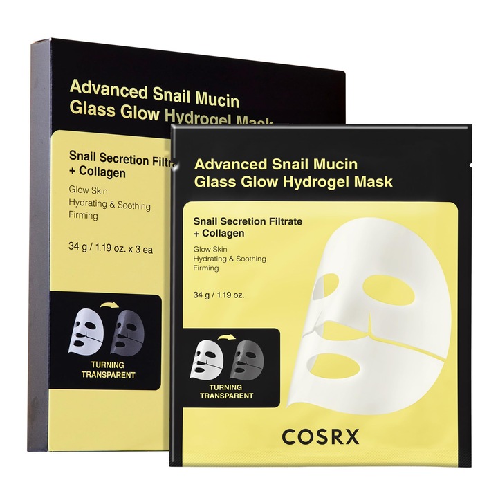 COSRX Advanced Snail Mucin Glass Glow Hydrogel Mask Masca faciala cu colagen pentru hidratare profunda si ten radiant, potrivita pentru toate tipurile de ten, ingrijire coreeana a pielii 3 bucati