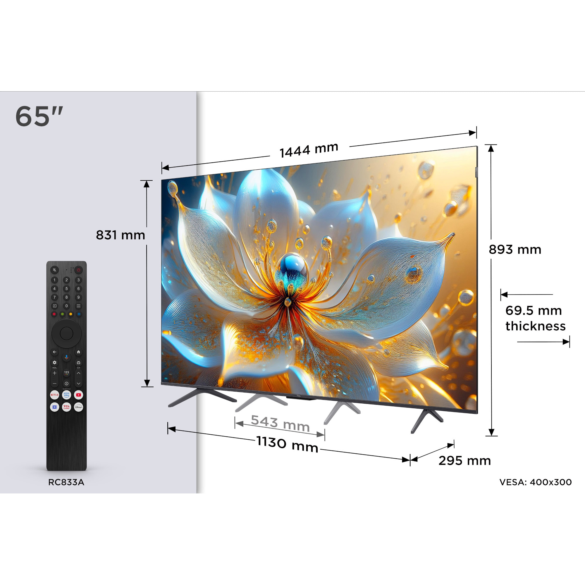 Televizor Smart QLED TCL 65T8C, 164 cm, Ultra HD 4K, 100 Hz, smart Google TV, Clasa F