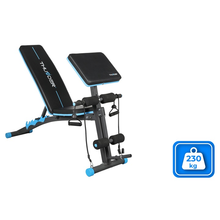 Banca multifunctionala pliabila Thunder Foria, spatar reglabil, 6 pozitii de adaptare, greutate maxima suportata 230 kg, doua expansoare incluse, manere antiderapante, Negru/Albastru
