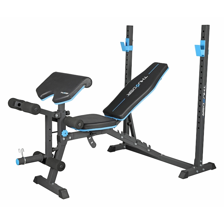 Banca de exercitii multifunctionala Thunder Croul, antrenamentul bratelor si picioarelor, cadru metalic, oblic, spatar reglabil si scaun, manere antiderapante, maxima suportata 240 kg, Negru/Albastru