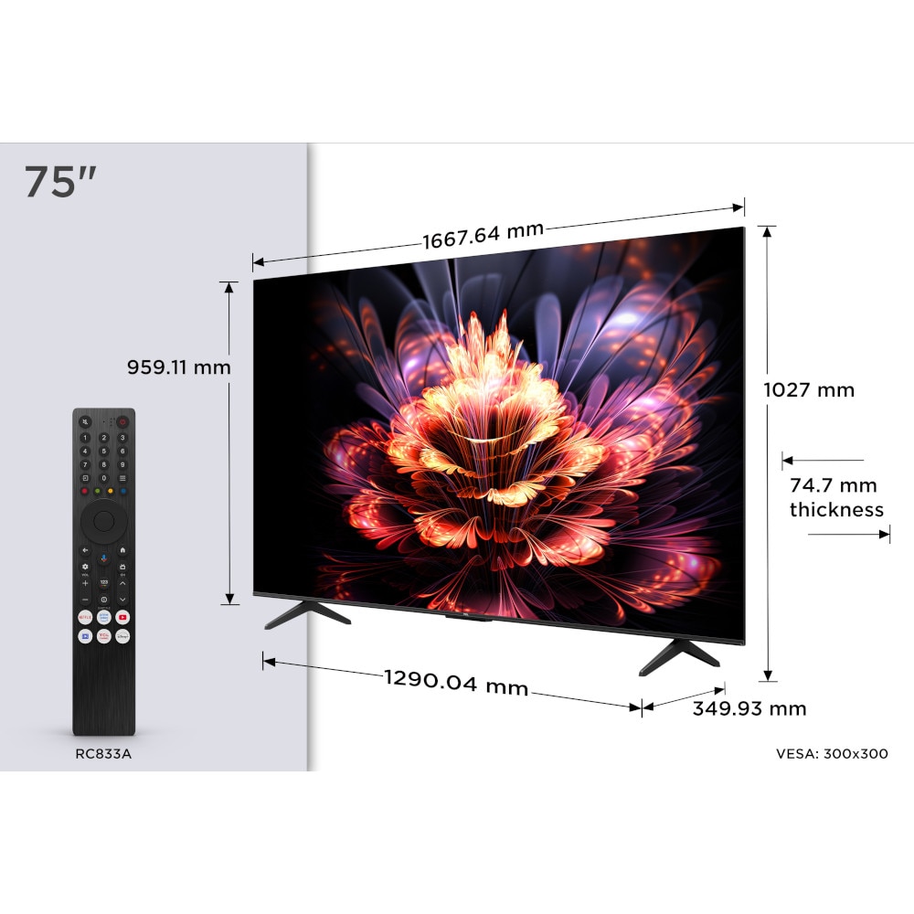 Televizor LED TCL 75V6C, Smart TV, 189 cm, Ultra HD 4K, Google TV, Clasa E