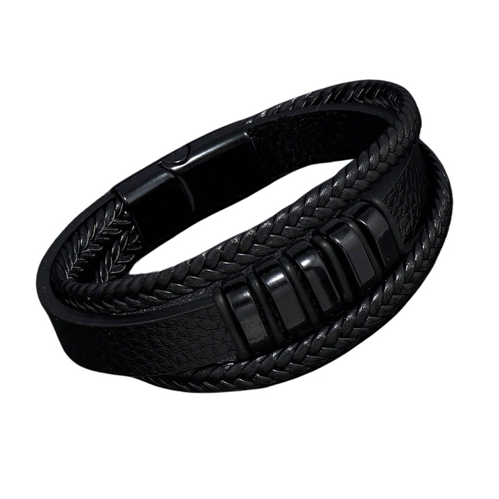 Bratara Barbateasca, Danati™, din Piele impletita, stil elegant, inchidere magnetica, Negru, Fixa, circumferinta bratului 18-19 cm (19cm fixa)
