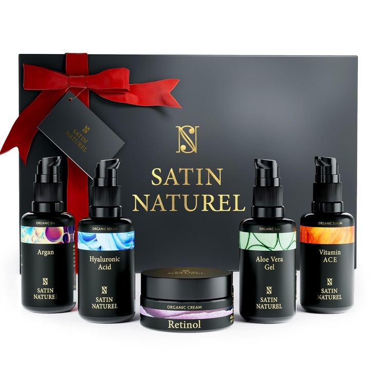 Set Cadou SatinNaturel, Îngrijire Piele, Gel Aloe Vera, Ulei Argan, Ser Vitamina C, Ser Acid Hialuronic, Crema Retinol, Cutie Cadou De Lux