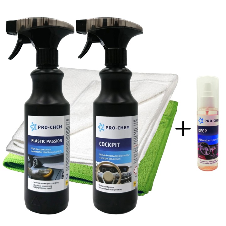 Комплект за почистване на интериора на автомобила – Спрей за кокпит 500 мл + Парфюм Passion 500 мл + 2 първокласни микрофибърни кърпи – Грижа за таблото и купето