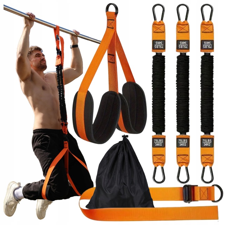 Rugalmas edzőszalag, Fit4Med, Állítható ellenállás 34-102 kg (75-225 font), Nejlon anyag, Acél, Puha gumi, Tömeg 670 g, Sokoldalúan használható, Narancssárga-fekete